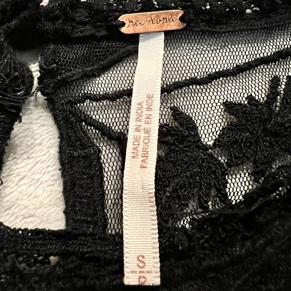 2/$8 Free People Black Mesh Yoke Lace Crop Top w/ Flutter Sleeve, Raw Hem Detail - Picture 3 of 5